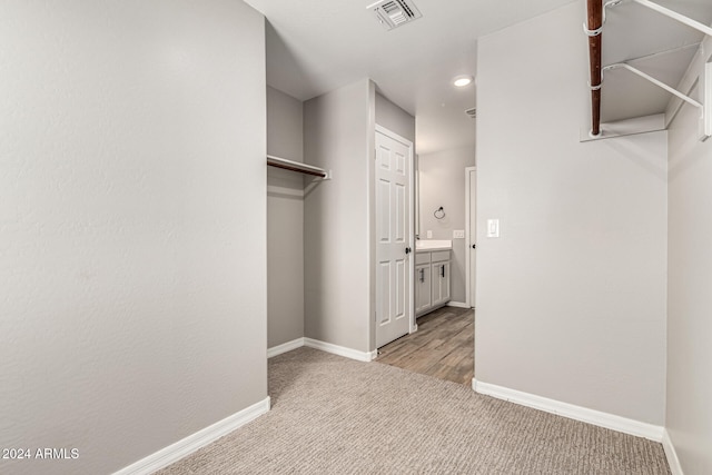 spacious closet featuring light colored carpet