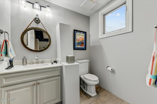 bathroom with wood-type flooring, toilet, and vanity with extensive cabinet space