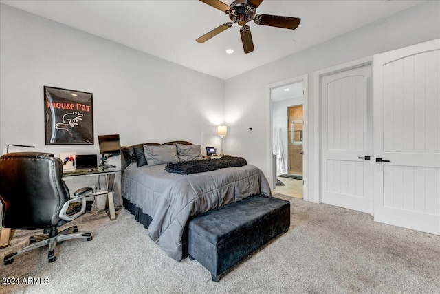 bedroom featuring ceiling fan and carpet floors