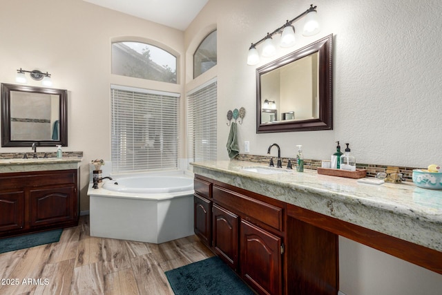 bathroom with wood-type flooring, vanity, and a tub to relax in