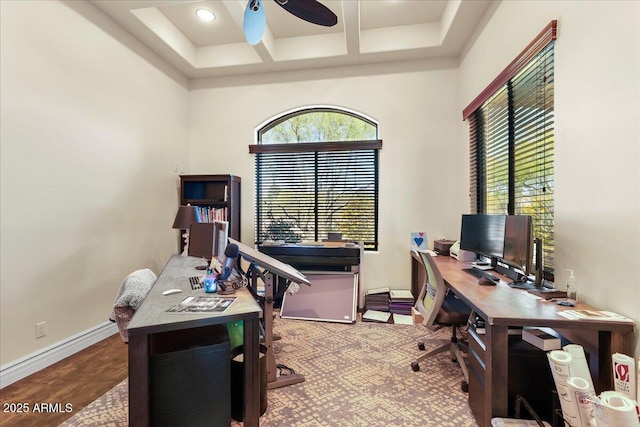 28025 N 156th Pl, Scottsdale, AZ 85262 - home office with plenty of natural light, coffered ceiling, baseboards, a ceiling fan, and beam ceiling