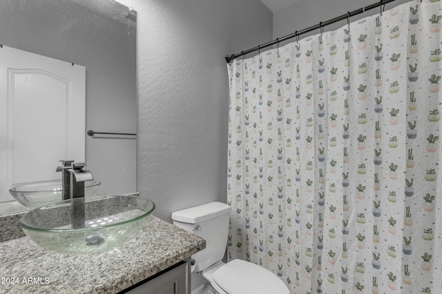 bathroom with a shower with shower curtain, toilet, and vanity