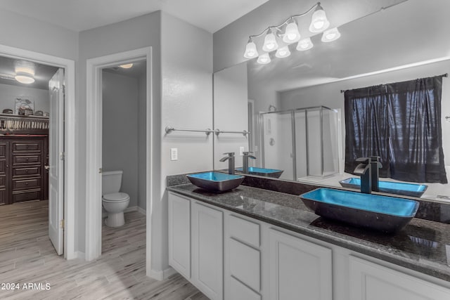 bathroom with an enclosed shower, toilet, and vanity