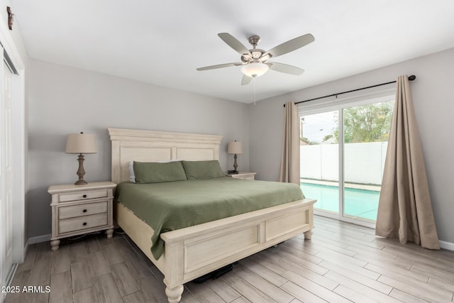 bedroom with ceiling fan, access to outside, light wood-type flooring, and baseboards