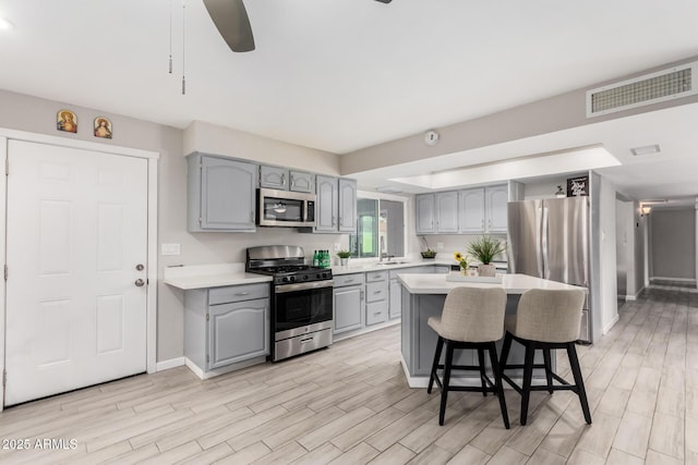 kitchen featuring visible vents, appliances with stainless steel finishes, gray cabinets, light countertops, and a sink