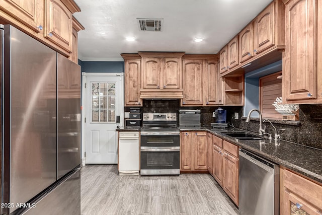 2110 W Morrow Dr, Phoenix, AZ 85027 - kitchen featuring appliances with stainless steel finishes, a sink, tasteful backsplash, dark stone counters, and under cabinet range hood