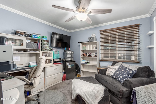 2110 W Morrow Dr, Phoenix, AZ 85027 - home office with ceiling fan, carpet floors, and crown molding