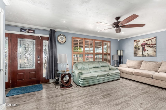2110 W Morrow Dr, Phoenix, AZ 85027 - living room with a ceiling fan, wood finished floors, ornamental molding, and recessed lighting