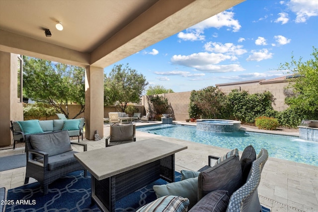 view of pool featuring an outdoor hangout area, a pool with connected hot tub, a fenced backyard, and a patio
