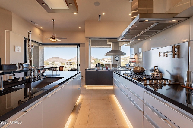 kitchen featuring a mountain view, stainless steel gas stovetop, white cabinets, and island exhaust hood