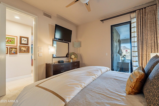 bedroom with ceiling fan, light tile patterned floors, and access to outside