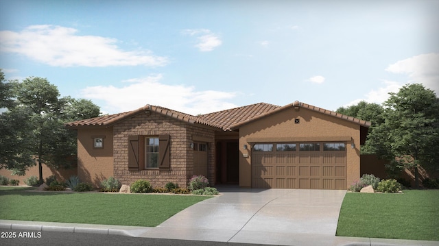 mediterranean / spanish-style house featuring a front yard, an attached garage, concrete driveway, stone siding, and a tile roof