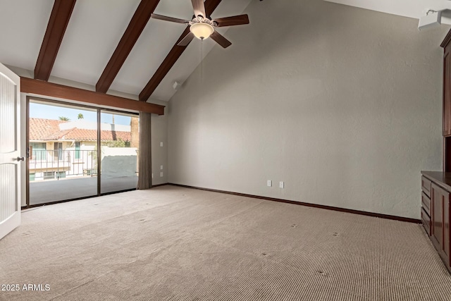 unfurnished living room featuring beam ceiling, ceiling fan, high vaulted ceiling, and light colored carpet