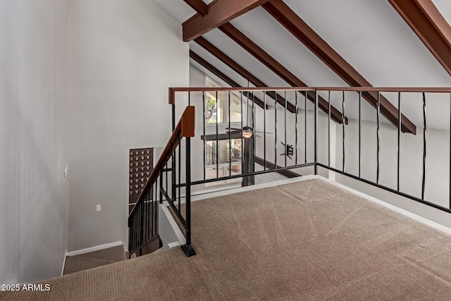 stairway featuring lofted ceiling with beams and carpet floors