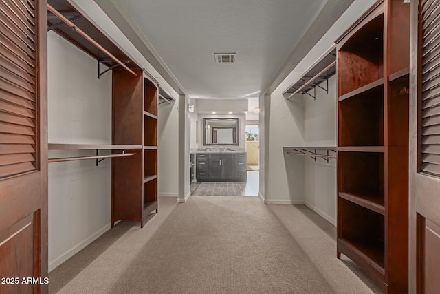 walk in closet with light colored carpet