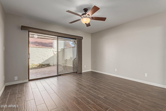 empty room featuring ceiling fan and dark wood-type flooring