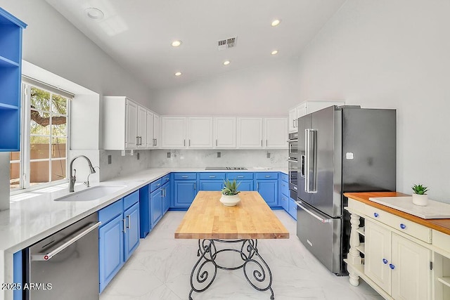 16219 S 14th Way, Phoenix, AZ 85048 - kitchen with a sink, stainless steel appliances, blue cabinets, high vaulted ceiling, and light marble finish floors