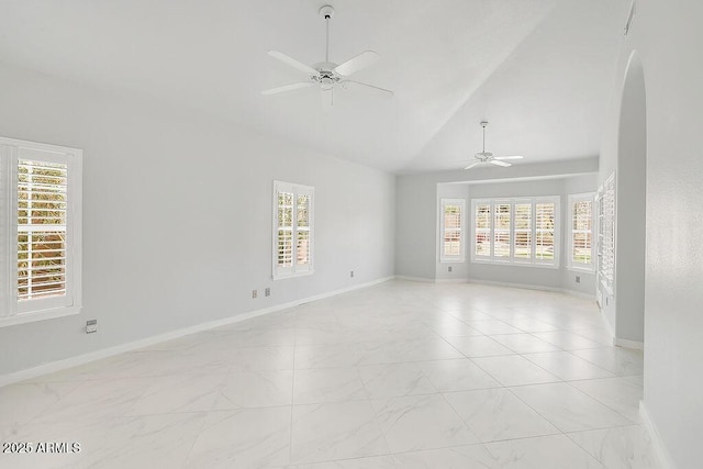 16219 S 14th Way, Phoenix, AZ 85048 - unfurnished room with ceiling fan, arched walkways, healthy amount of natural light, baseboards, and high vaulted ceiling
