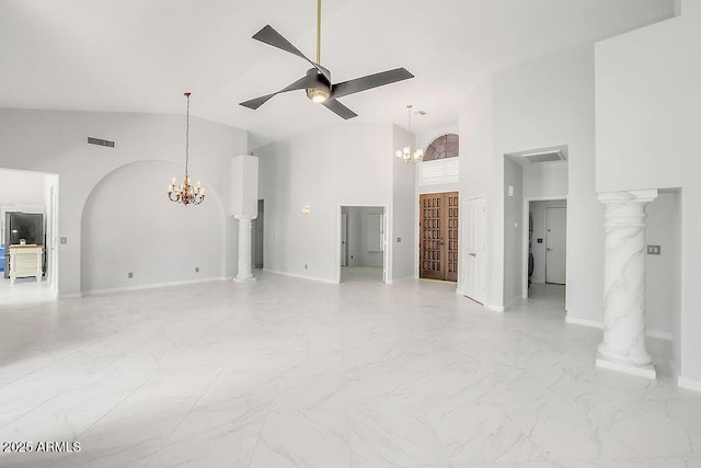 16219 S 14th Way, Phoenix, AZ 85048 - unfurnished living room with high vaulted ceiling, a chandelier, ceiling fan, light marble finish floors, and baseboards