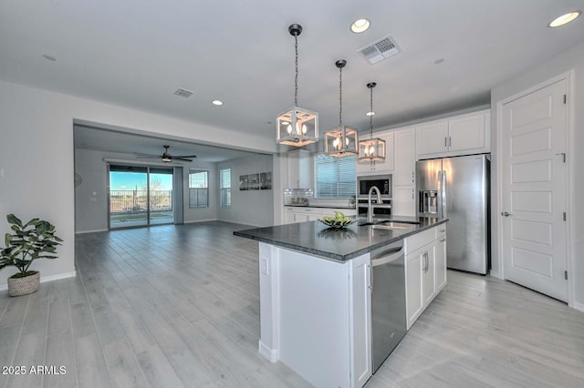 kitchen featuring pendant lighting, an island with sink, sink, white cabinets, and stainless steel appliances