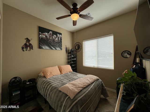 bedroom with baseboards, visible vents, and a ceiling fan