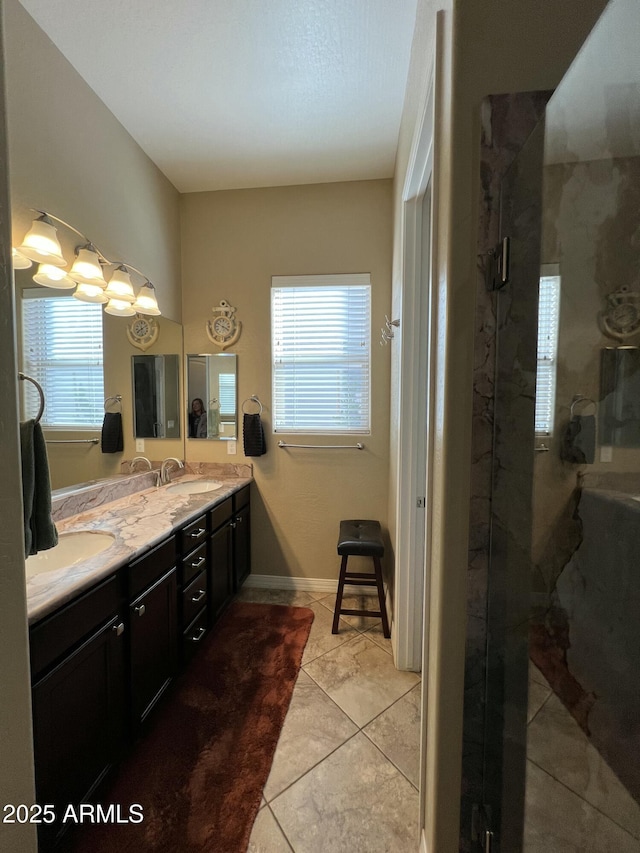 full bath with double vanity, plenty of natural light, a sink, and a shower with shower door