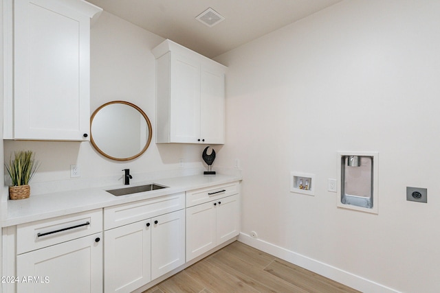 3939 S Veronica Ln, Gold Canyon, AZ 85118 - clothes washing area featuring a sink, electric dryer hookup, light wood-type flooring, visible vents, and cabinet space