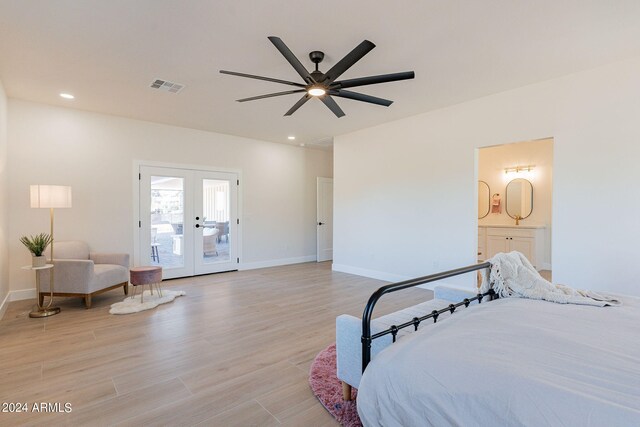 3939 S Veronica Ln, Gold Canyon, AZ 85118 - bedroom featuring french doors, baseboards, access to exterior, light wood finished floors, and visible vents
