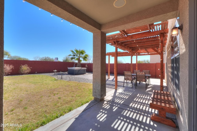 view of patio with outdoor dining space, a fenced backyard, a hot tub, and a pergola