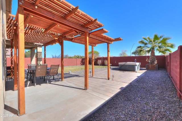 view of patio with outdoor dining area, a fenced backyard, a hot tub, and a pergola