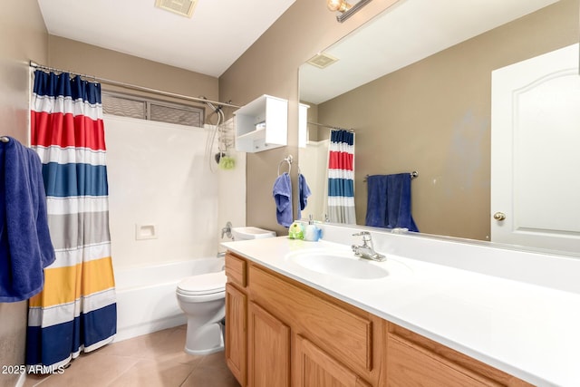 bathroom featuring visible vents, shower / tub combo with curtain, tile patterned flooring, vanity, and toilet