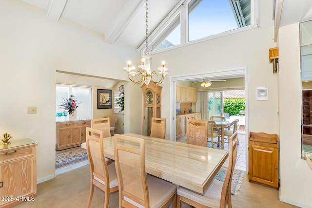 7115 E Buena Terra Way, Paradise Valley, AZ 85253 - dining area featuring light colored carpet, beam ceiling, a chandelier, high vaulted ceiling, and baseboards