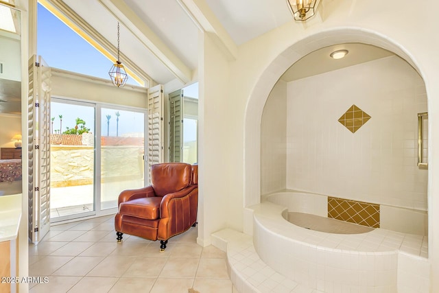 7115 E Buena Terra Way, Paradise Valley, AZ 85253 - bathroom with a bath, tile patterned flooring, and vaulted ceiling