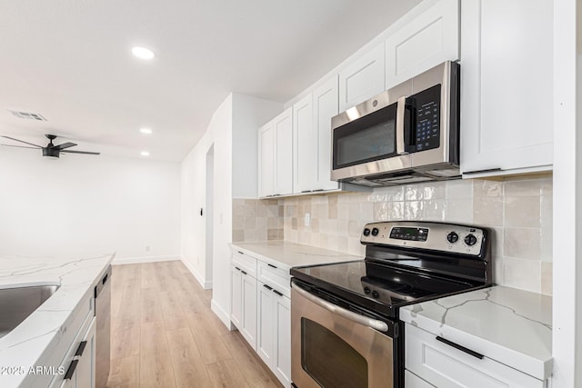 524 S Pioneer, Mesa, AZ 85204 - kitchen featuring appliances with stainless steel finishes, ceiling fan, white cabinetry, recessed lighting, and tasteful backsplash