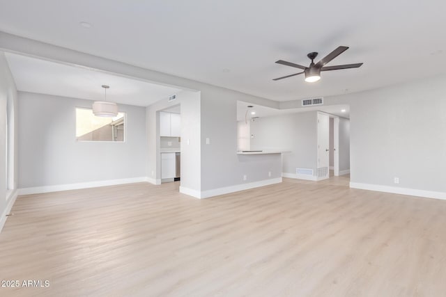 unfurnished living room with ceiling fan and light hardwood / wood-style floors