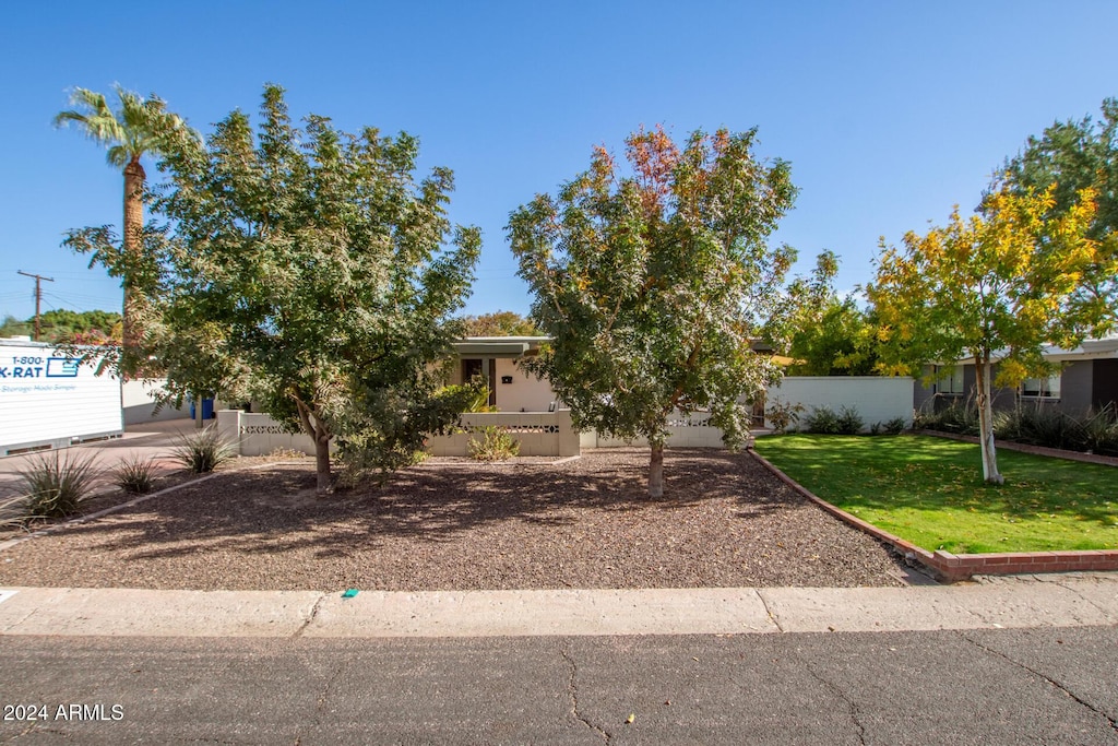 view of property hidden behind natural elements featuring a front lawn