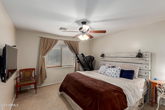 bedroom with visible vents, baseboards, a ceiling fan, and carpet floors