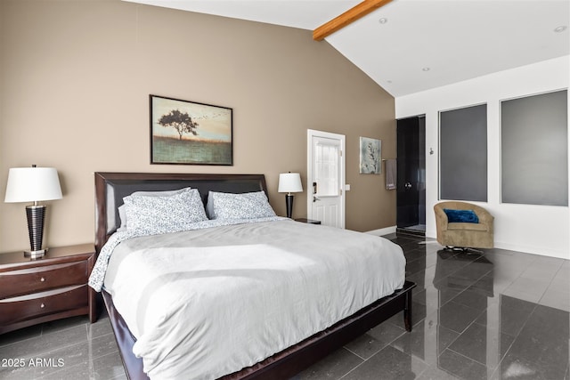bedroom featuring baseboards, beam ceiling, high vaulted ceiling, and granite tiled floors