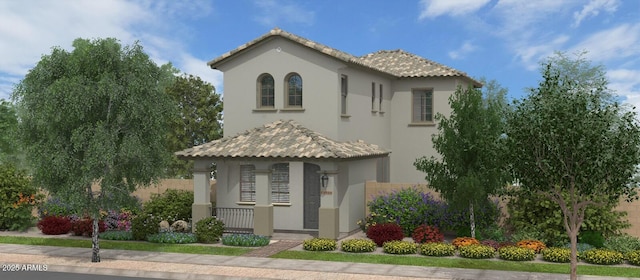 mediterranean / spanish home featuring stucco siding and a tiled roof