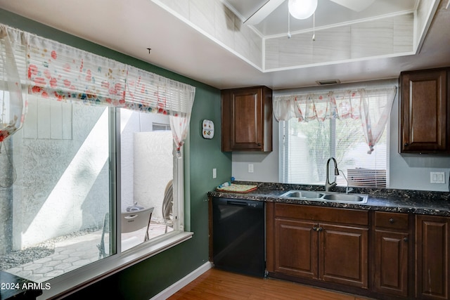 kitchen featuring dishwasher, sink, light hardwood / wood-style floors, and dark brown cabinetry