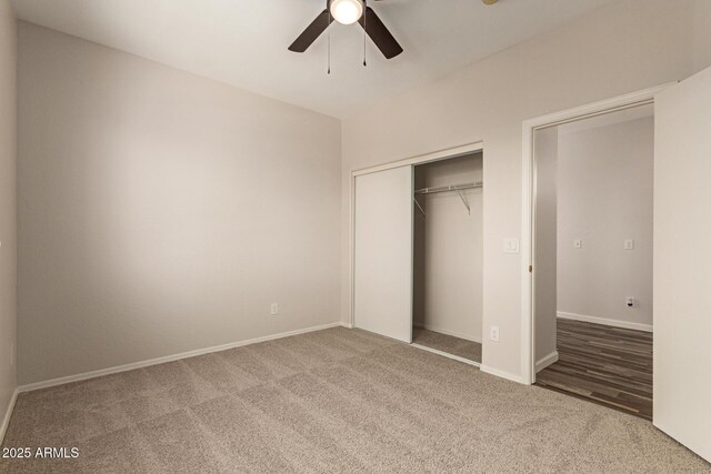 17493 N Costa Brava Ave, Maricopa, AZ 85139 - unfurnished bedroom featuring carpet floors, a closet, and a ceiling fan