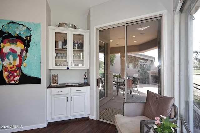 bar featuring baseboards and dark wood-type flooring