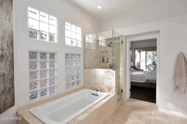 full bath with a garden tub, recessed lighting, a shower stall, ensuite bath, and tile patterned floors