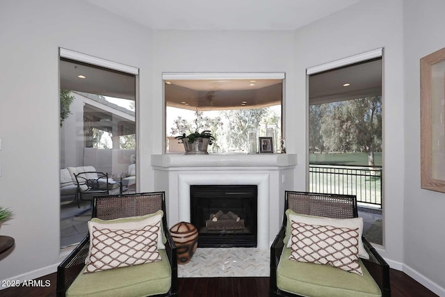 living area with a fireplace, wood finished floors, a wealth of natural light, and baseboards