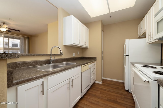 11375 E Sahuaro Dr Unit 1055, Scottsdale, AZ 85259 - kitchen featuring white appliances, dark wood-type flooring, white cabinetry, dark countertops, and ceiling fan