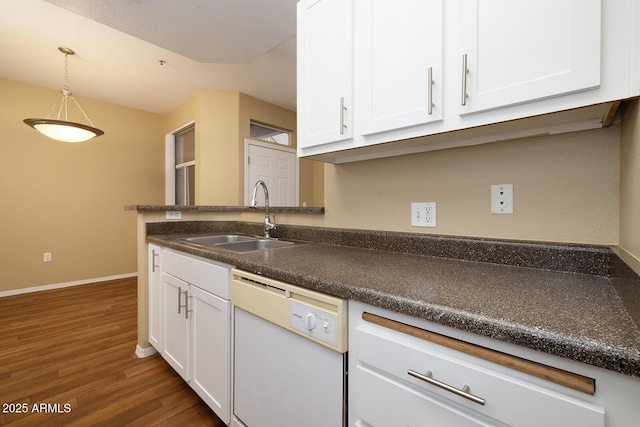 11375 E Sahuaro Dr Unit 1055, Scottsdale, AZ 85259 - kitchen with white dishwasher, white cabinetry, dark countertops, dark wood-style flooring, and vaulted ceiling