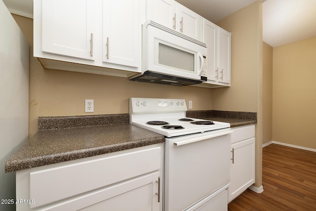 11375 E Sahuaro Dr Unit 1055, Scottsdale, AZ 85259 - kitchen with white appliances, dark wood-type flooring, dark countertops, and white cabinetry