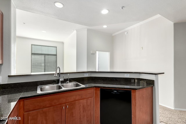 kitchen with dishwasher, dark stone counters, ornamental molding, and sink