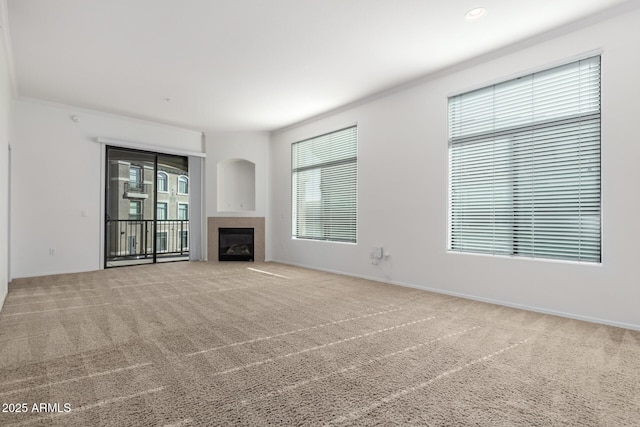 unfurnished living room with carpet, crown molding, and a healthy amount of sunlight