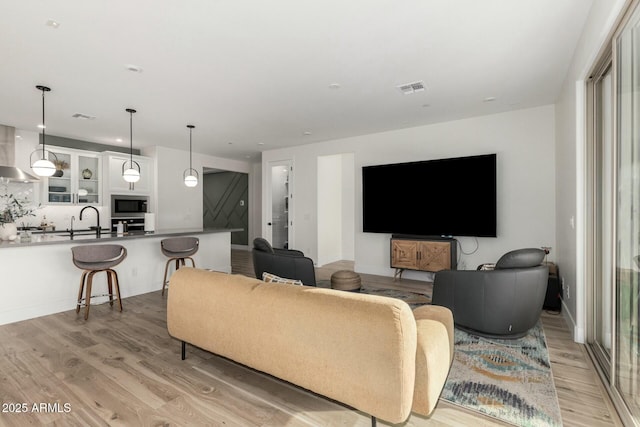 living room featuring sink and light hardwood / wood-style flooring